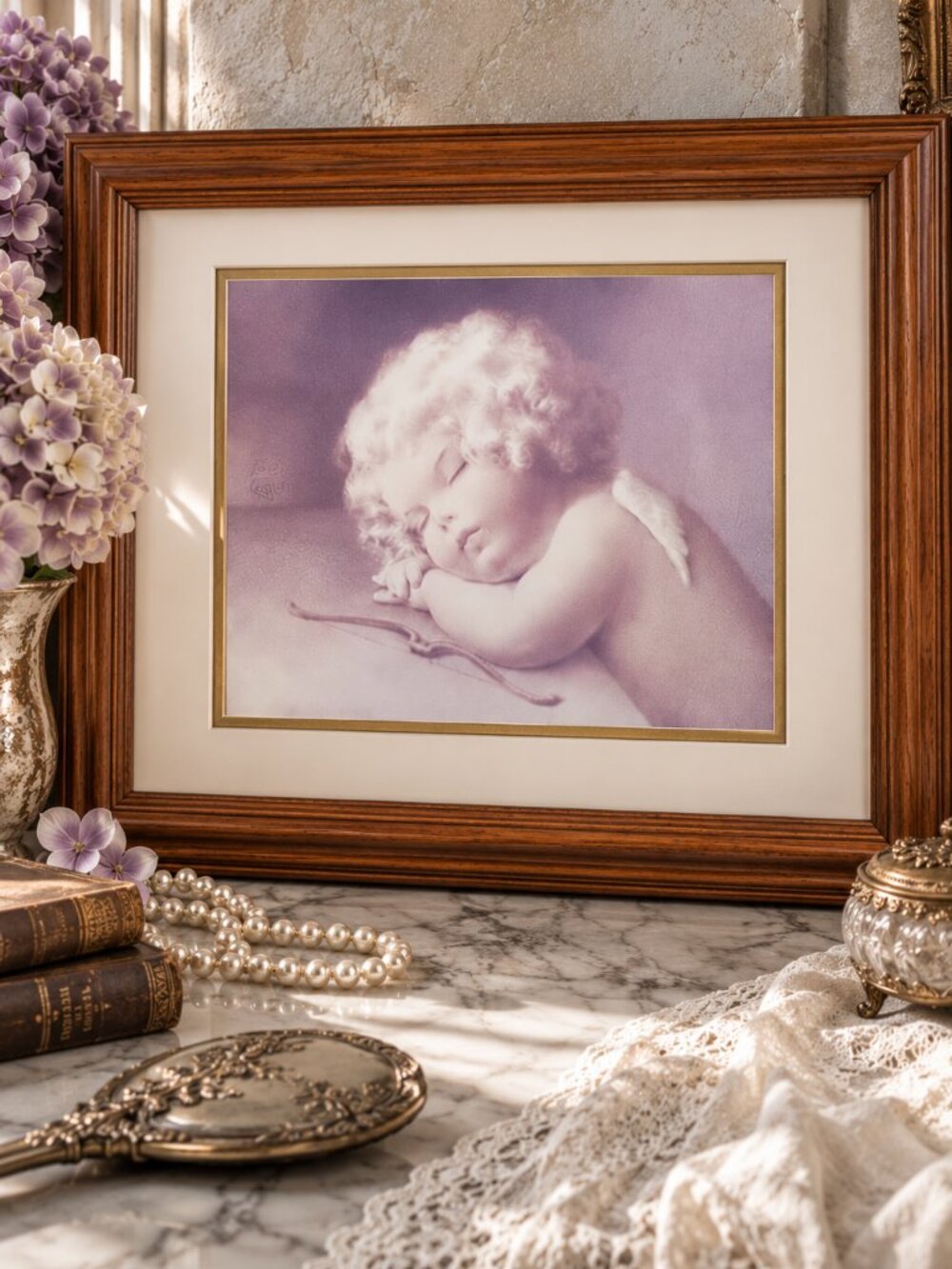 Vintage Bease Pease Gutmann “Cupid Caught Napping” Framed Wall Art